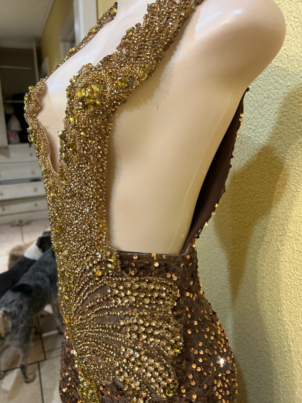Backless Brown Sequin Evening Gown with Gold Embellishment - Picture 5 of 15